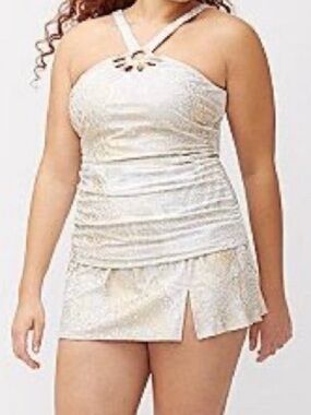 Cacique Lane Bryant Halter Swimsuit Plus Size 22 W Tankini Skirt White & Gold